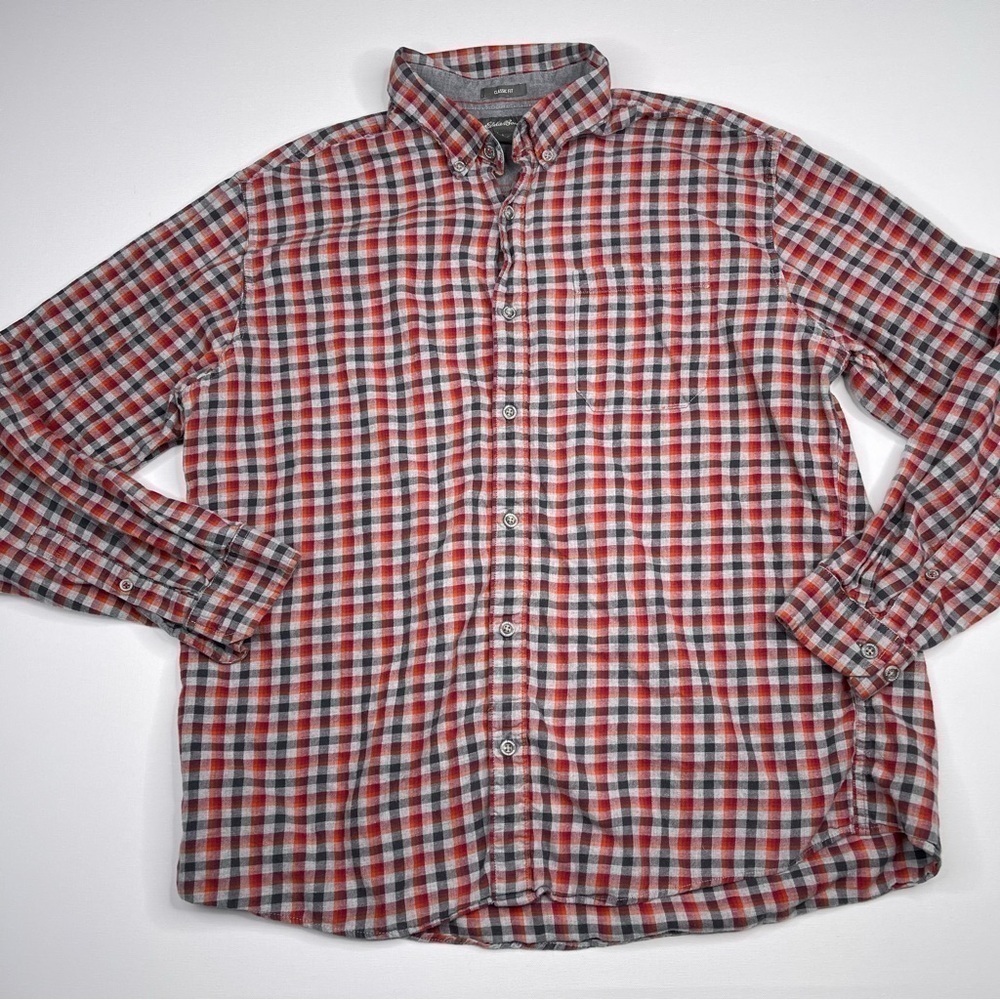 Eddie Bauer Flannel Shirt Plaid Button Red Grey Gorp Outdoor Grunge Western Fall